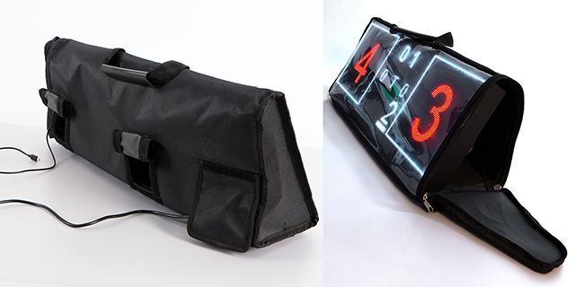 Tabellone segnapunti elettronico con borsa di protezione Il tabellone elettronico LEDbox Outdoor, viene fornito con una pratica borsa che lo protegge dall'acqua, adatto per uso per esterni.