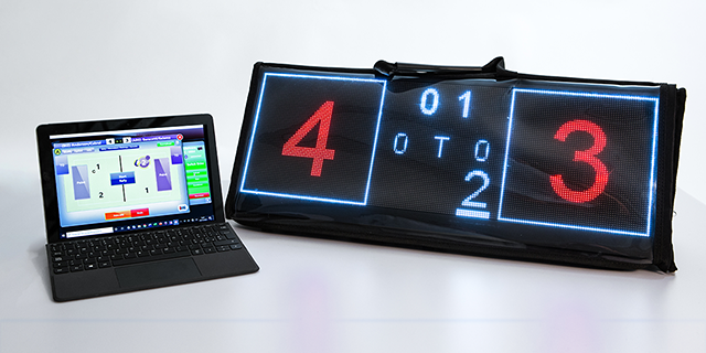 Segnapunti elettronico integrato ai sistemi di refertazione Tabellone segnapunti elettronico LEDBox che riconosce automaticamente la connessione al programma e_Scoresheet, Indoor e Beach, della Data Project